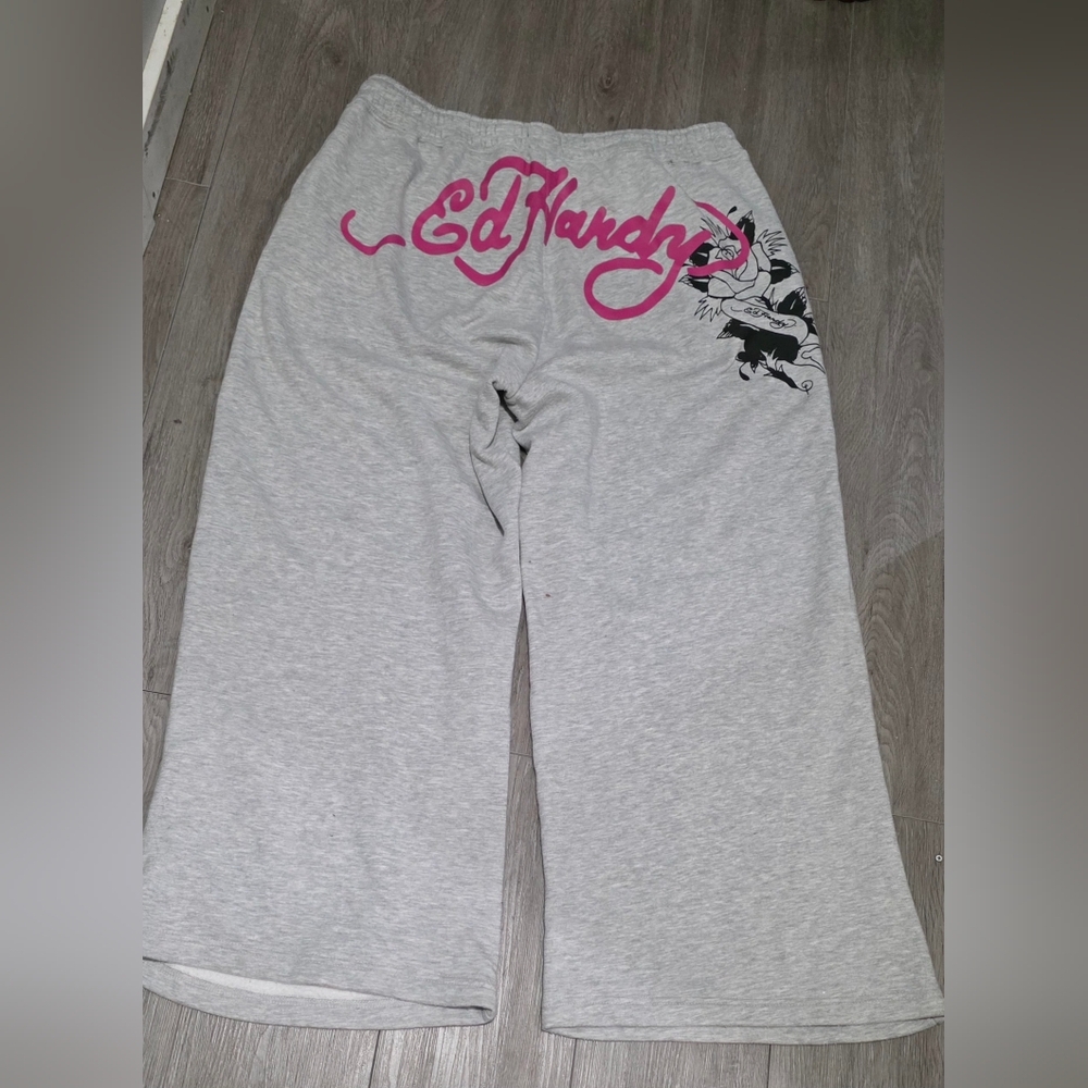 ED HARDY Rose And Sword Sweatpants Womans Sz 1XL Wide Leg Heather Grey - Picture 6 of 9